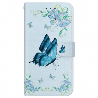 Housse iPhone 16 Pro Max Papillon Bleu et Fleurs à Lanière