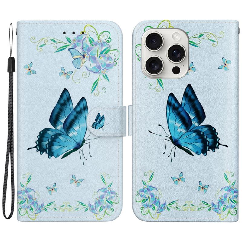 Housse iPhone 16 Pro Max Papillon Bleu et Fleurs à Lanière