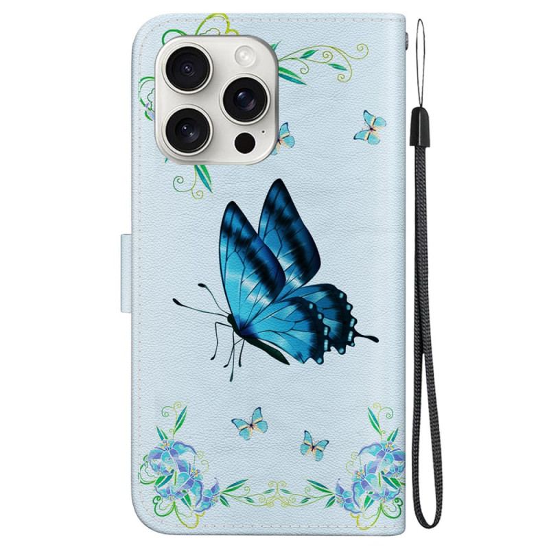 Housse iPhone 16 Pro Max Papillon Bleu et Fleurs à Lanière