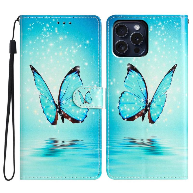 Housse iPhone 16 Pro Max Papillon Bleu sur l'Eau à Lanière