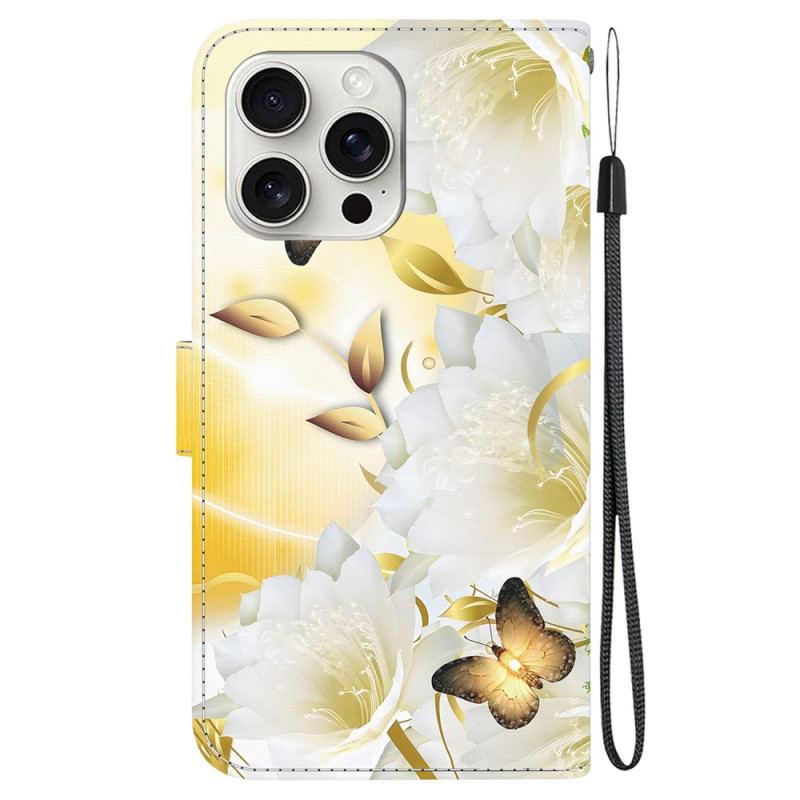 Housse iPhone 16 Pro Max Papillons Dorés et Fleurs à Lanière