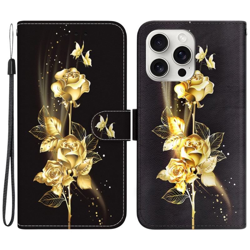 Housse iPhone 16 Pro Max Papillons Dorés et Roses à Lanière