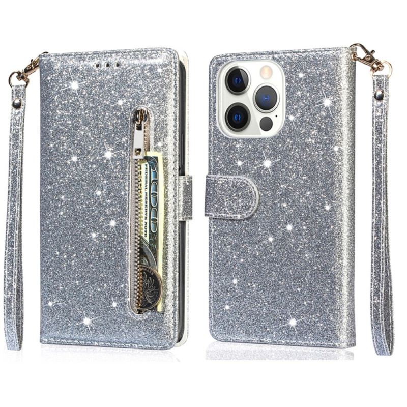 Housse iPhone 16 Pro Max Poche Zippée Paillettes