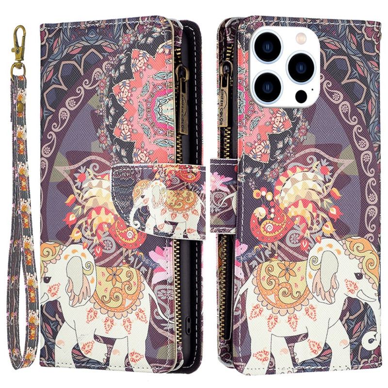 Housse iPhone 16 Pro Max Portefeuille Éléphant Tribal à Lanière