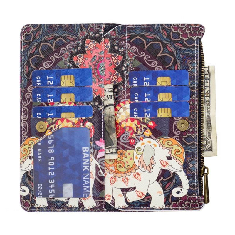 Housse iPhone 16 Pro Max Portefeuille Éléphant Tribal à Lanière