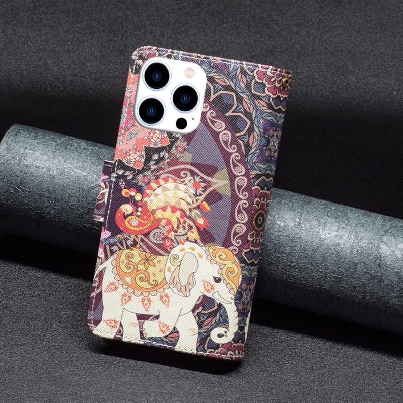 Housse iPhone 16 Pro Max Portefeuille Éléphant Tribal à Lanière