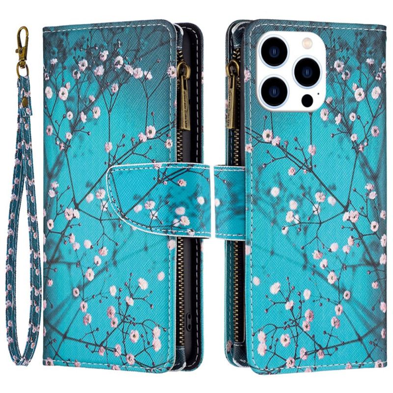 Housse iPhone 16 Pro Max Portefeuille Fleurs de Prunier à Lanière