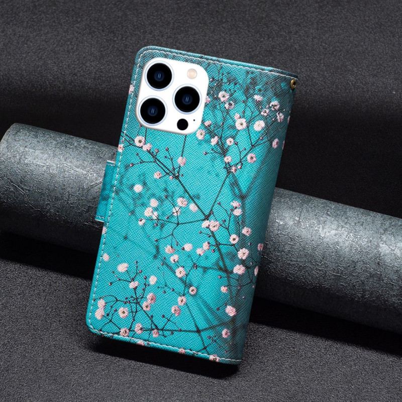 Housse iPhone 16 Pro Max Portefeuille Fleurs de Prunier à Lanière