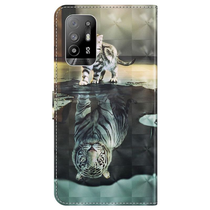 Housse Oppo A94 5G Chat et Tigre avec Lanière