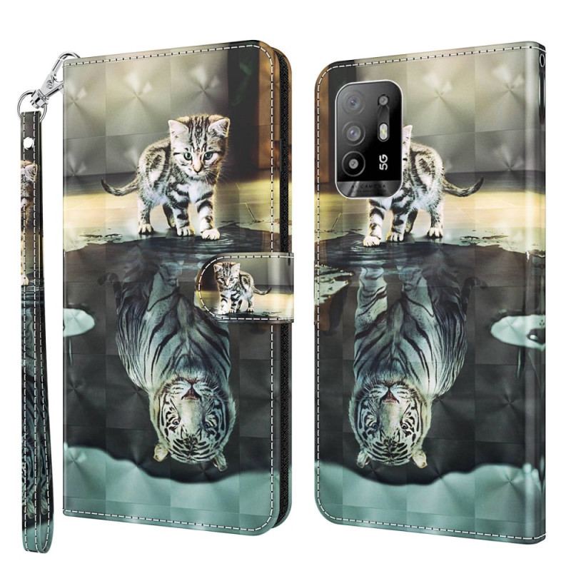 Housse Oppo A94 5G Chat et Tigre avec Lanière