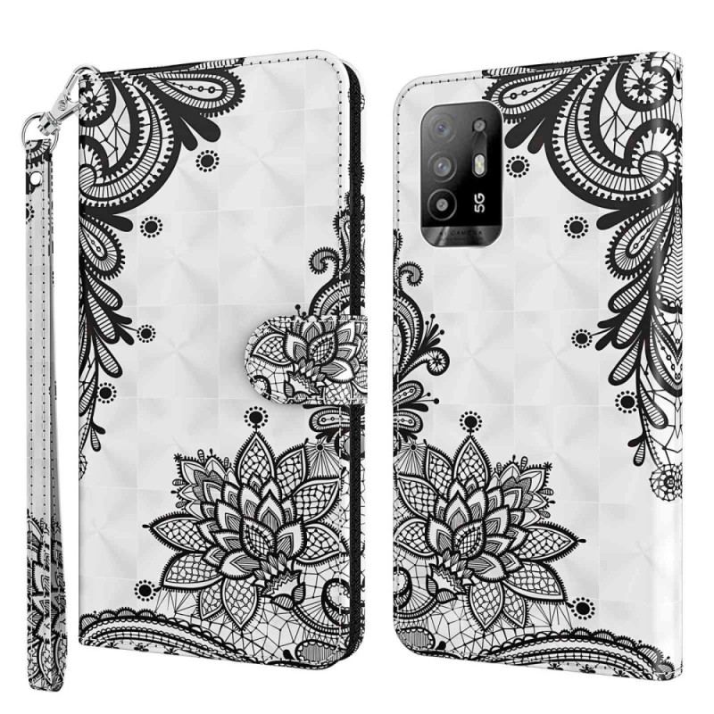 Housse Oppo A94 5G Simili Cuir Dentelle avec Lanière