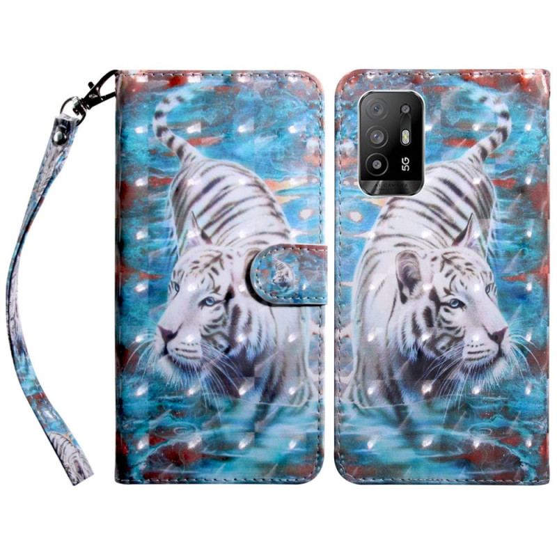 Housse Oppo A94 5G Simili Cuir Tigre avec Lanière