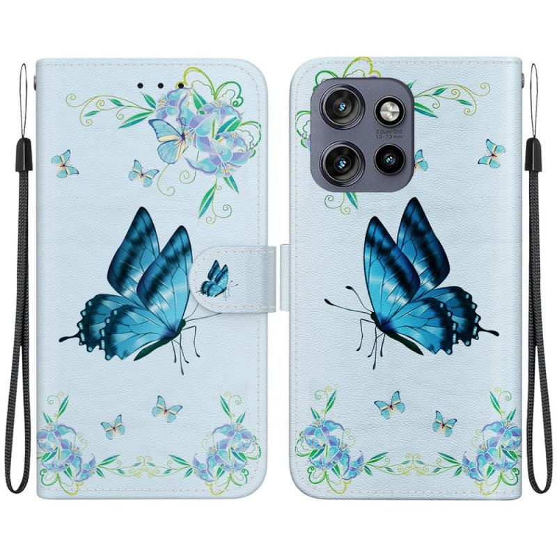 Housse Motorola Edge 50 Neo Papillon Bleu et Fleurs