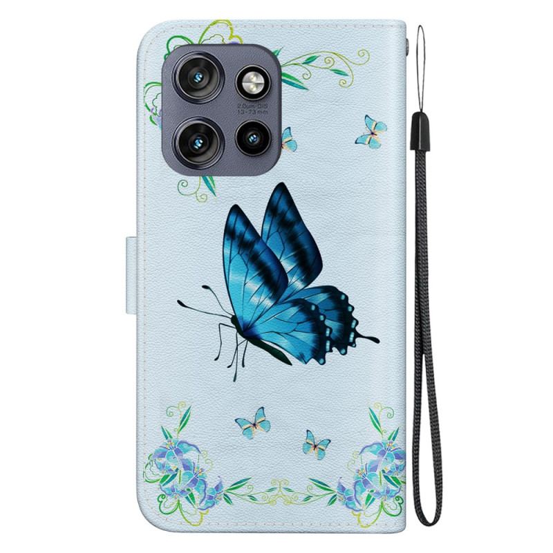 Housse Motorola Edge 50 Neo Papillon Bleu et Fleurs