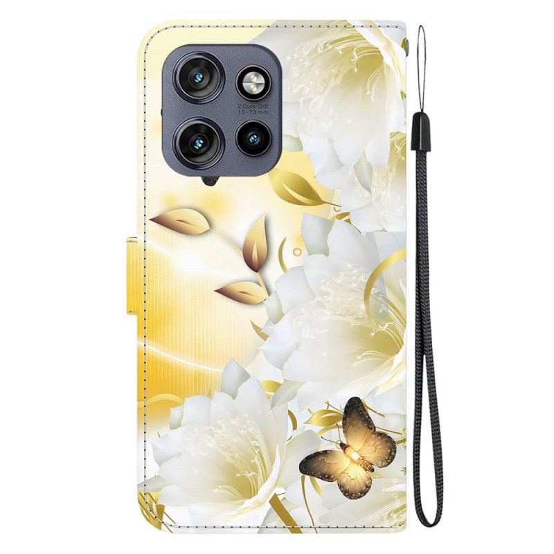 Housse Motorola Edge 50 Neo Papillons Dorés et Fleurs Blanches