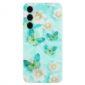 Coque Samsung Galaxy S24 FE Fleurs Blanches et Papillons Verts