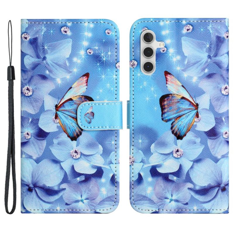 Housse Samsung Galaxy S24 FE Fleurs et Papillons Bleus à Lanière