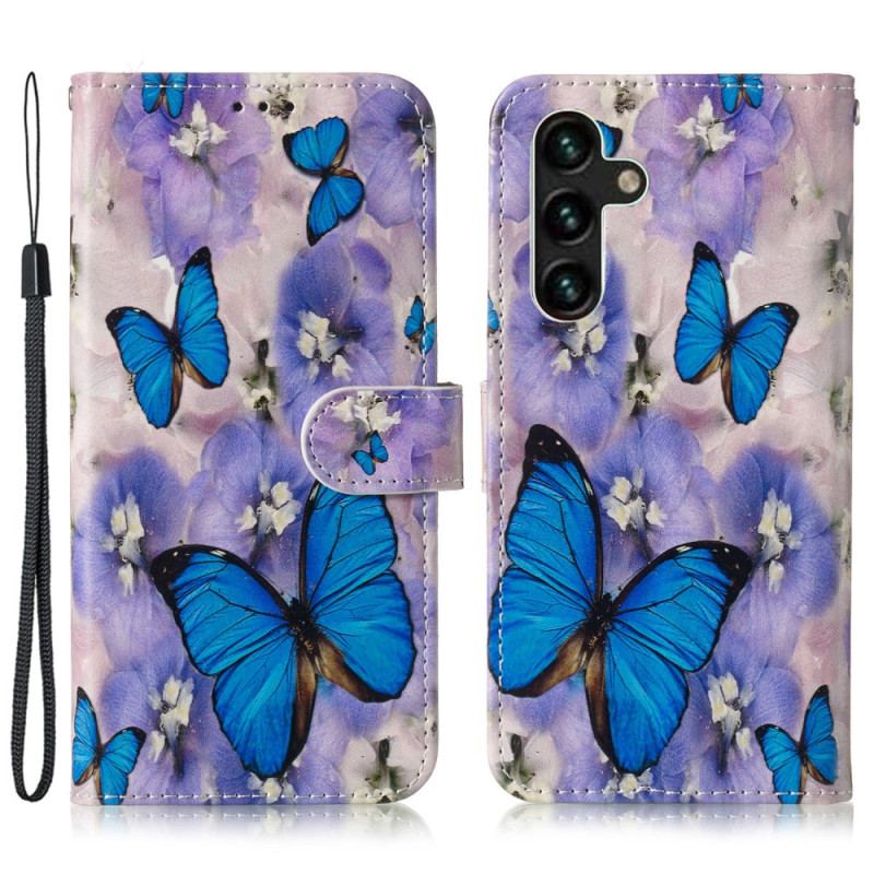 Housse Samsung Galaxy S24 FE Fleurs Violettes et Papillons Bleus