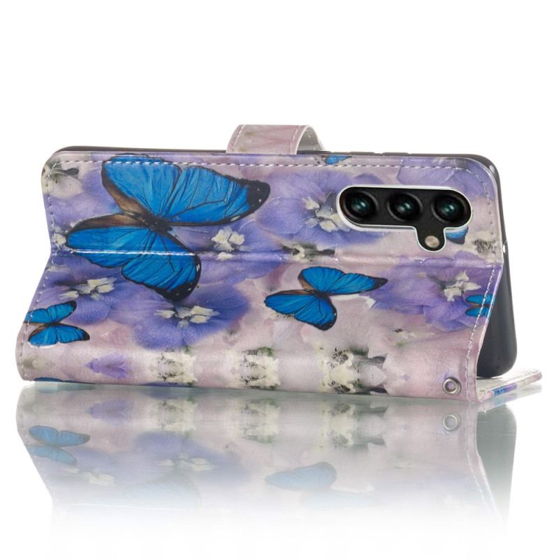 Housse Samsung Galaxy S24 FE Fleurs Violettes et Papillons Bleus