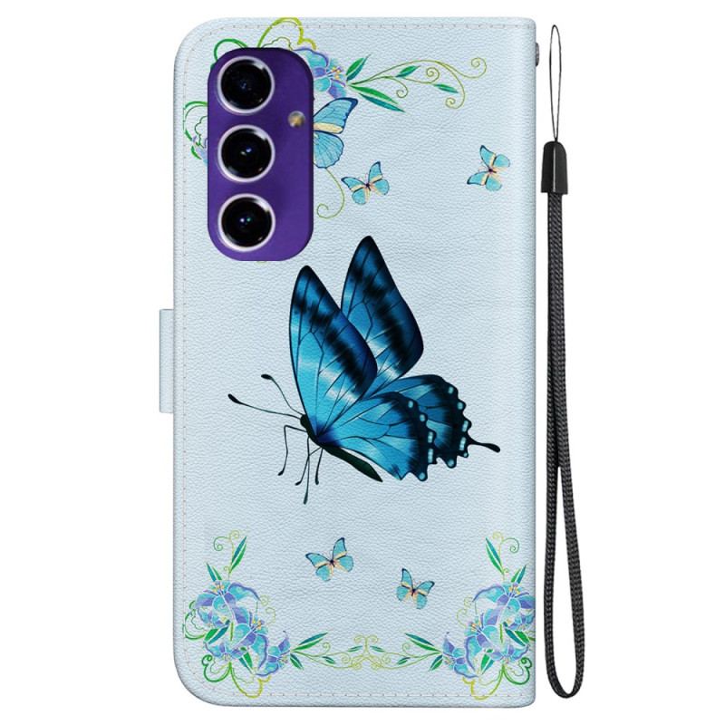 Housse Samsung Galaxy S24 FE Papillon Bleu et Fleurs à Lanière