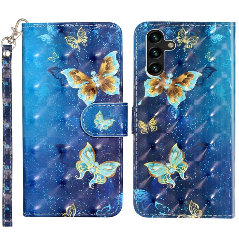 Housse Samsung Galaxy S24 FE Papillons Bleus et Or à Lanière