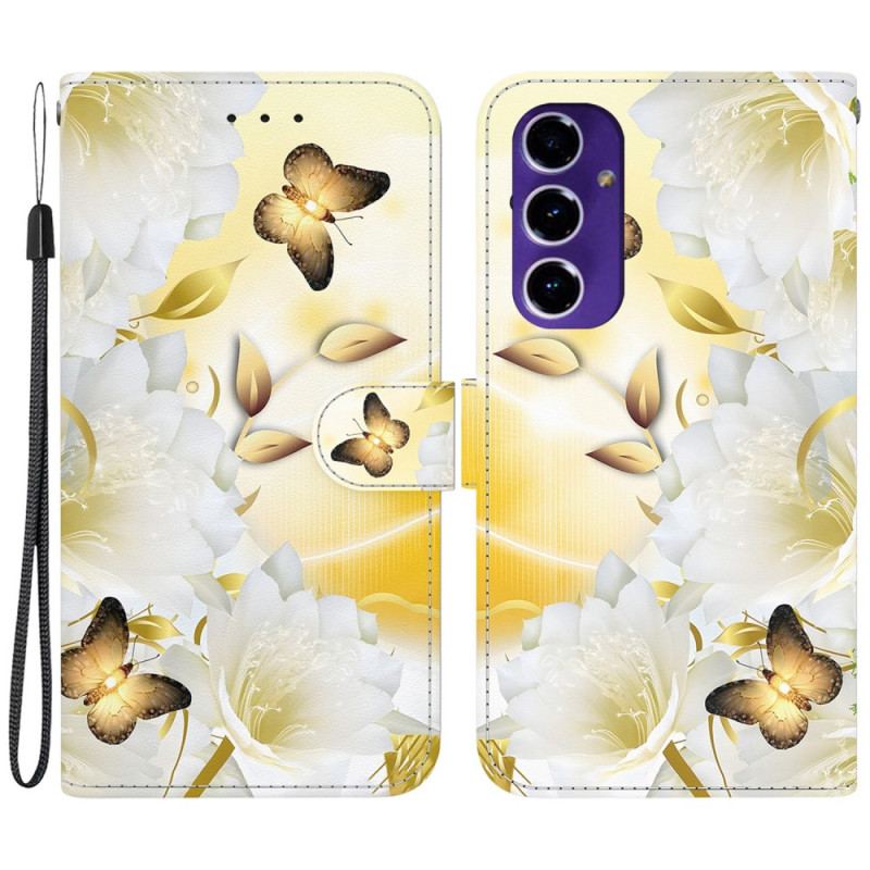 Housse Samsung Galaxy S24 FE Papillons Dorés et Fleurs Blanches