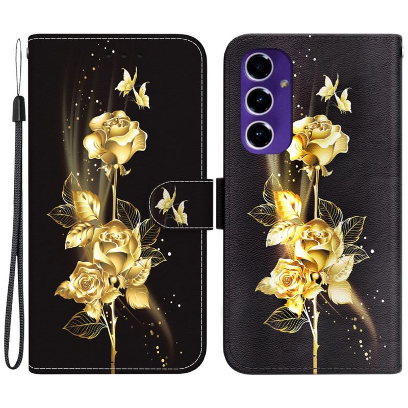 Housse Samsung Galaxy S24 FE Papillons Dorés et Roses à Lanière