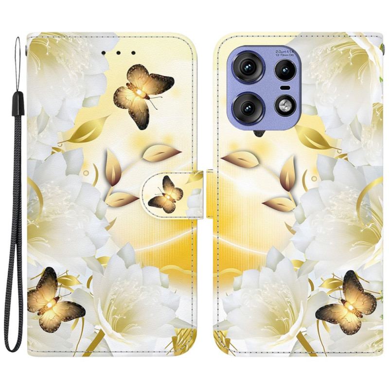 Housse Motorola Edge 50 Pro Papillons Dorés et Fleurs Blanches à Lanière