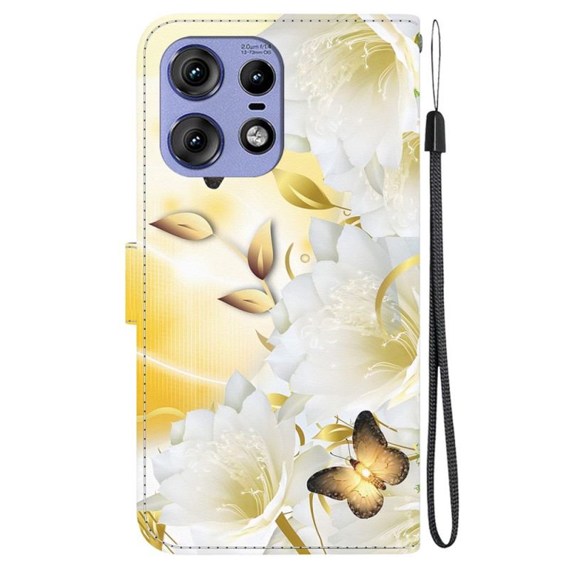 Housse Motorola Edge 50 Pro Papillons Dorés et Fleurs Blanches à Lanière