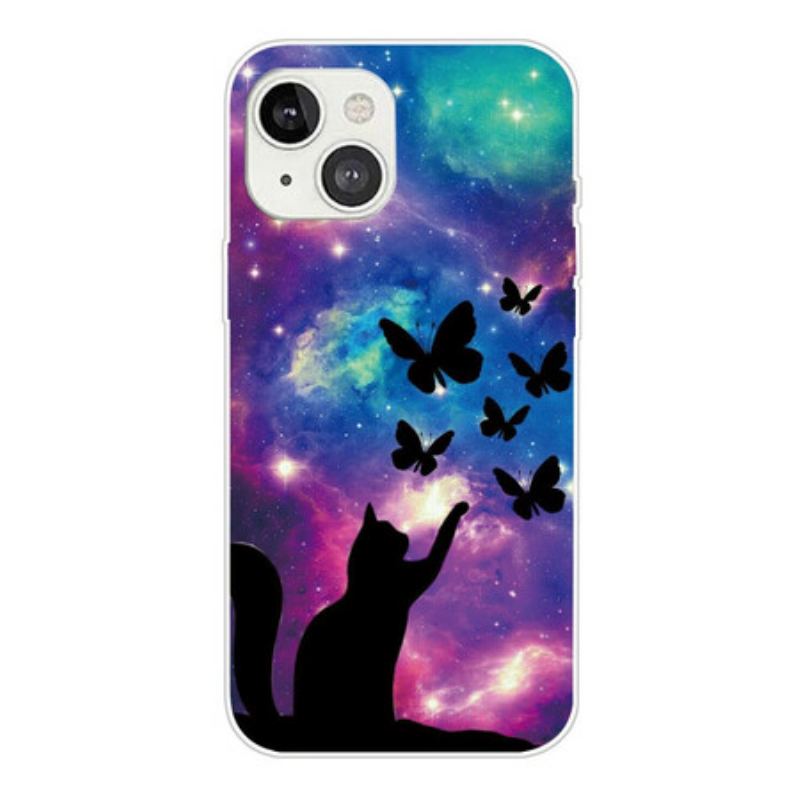 Coque iPhone 13 Mini Chat et Papillons Dans l'Espace