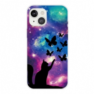 Coque iPhone 13 Mini Chat et Papillons Dans l'Espace