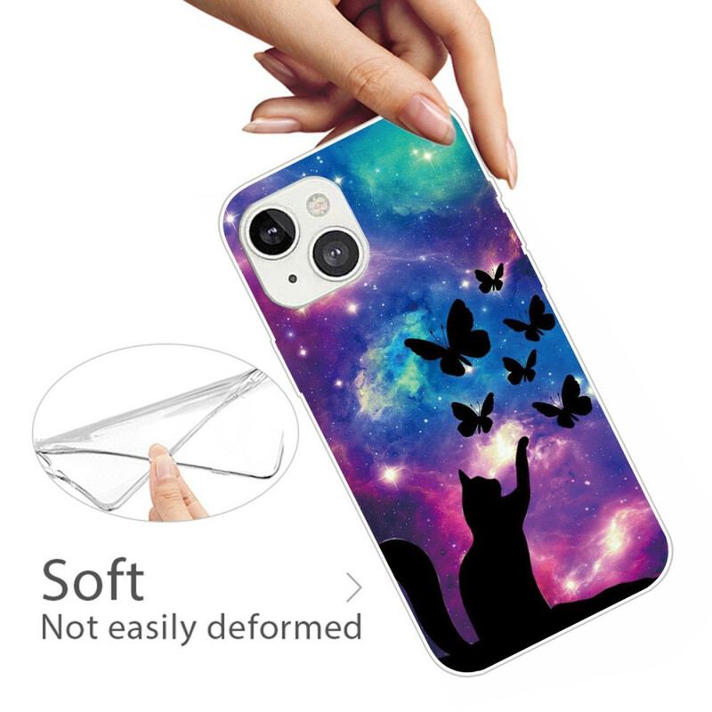 Coque iPhone 13 Mini Chat et Papillons Dans l'Espace