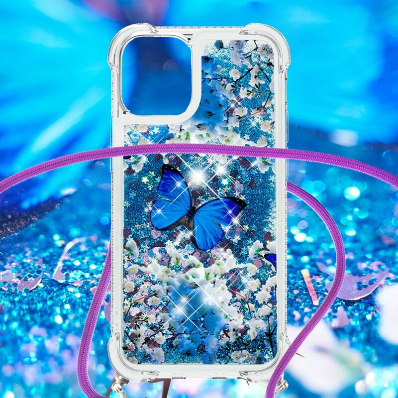 Coque iPhone 13 Mini à Cordon Paillettes Papillons