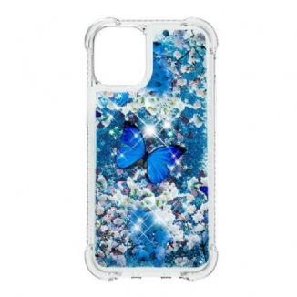 Coque iPhone 13 Mini Papillons Bleus Paillettes