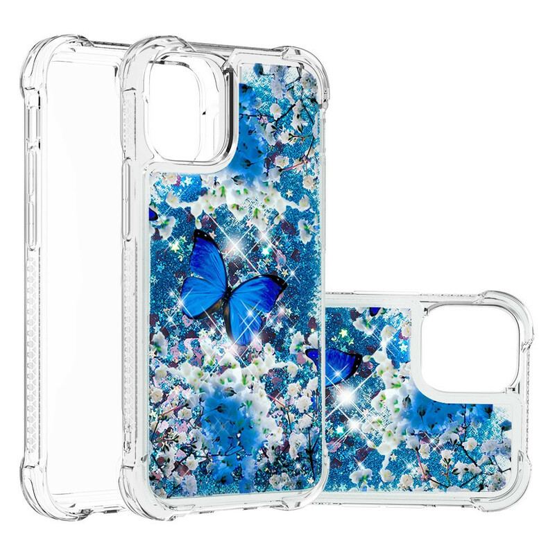 Coque iPhone 13 Mini Papillons Bleus Paillettes