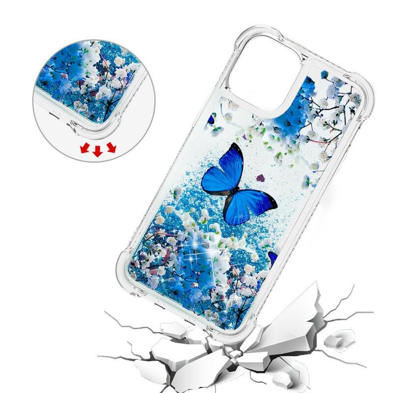 Coque iPhone 13 Mini Papillons Bleus Paillettes