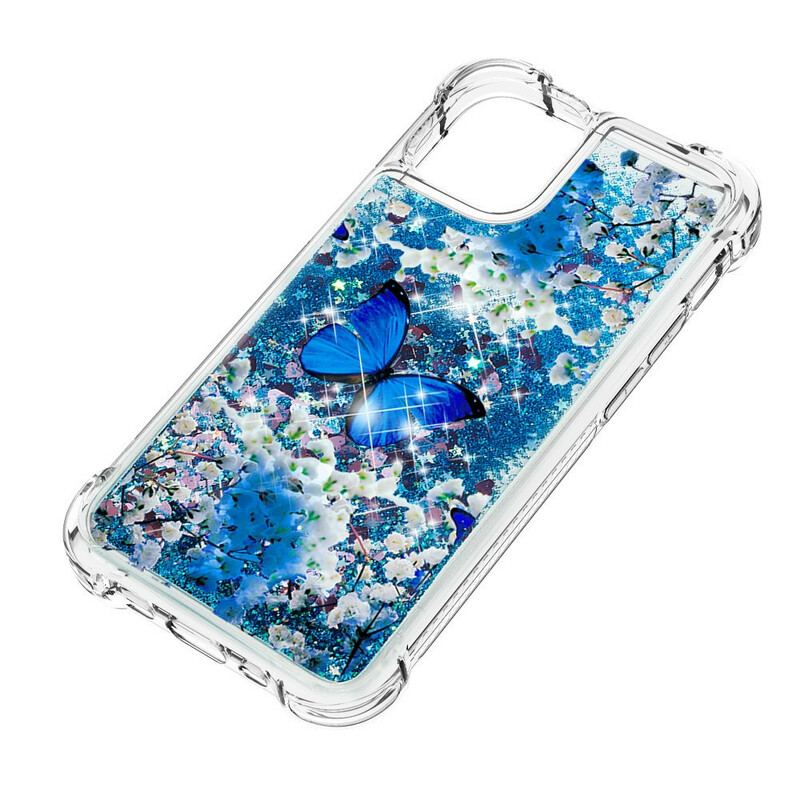 Coque iPhone 13 Mini Papillons Bleus Paillettes