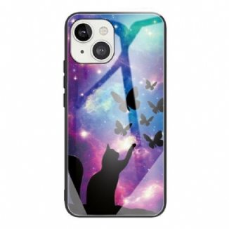 Coque iPhone 13 Mini Verre Trempé Chat et Papillons Dans l'Espace