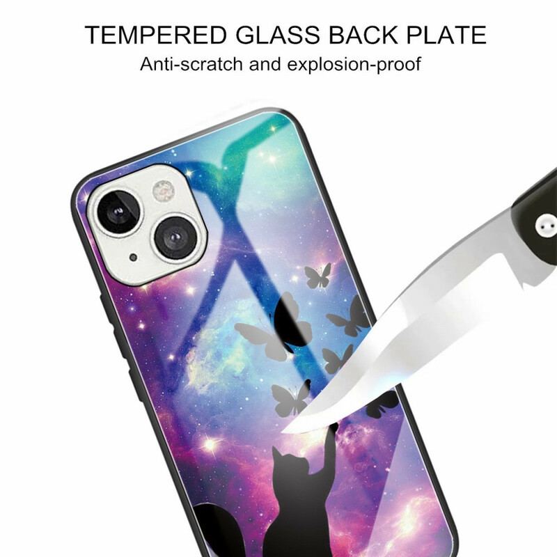 Coque iPhone 13 Mini Verre Trempé Chat et Papillons Dans l'Espace