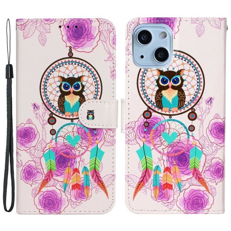 Housse iPhone 13 Mini Mandala Hibou à Lanière