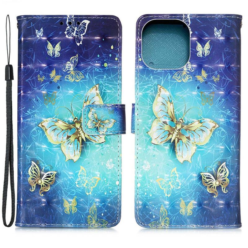 Housse iPhone 13 Mini Papillons Dorés Lanière