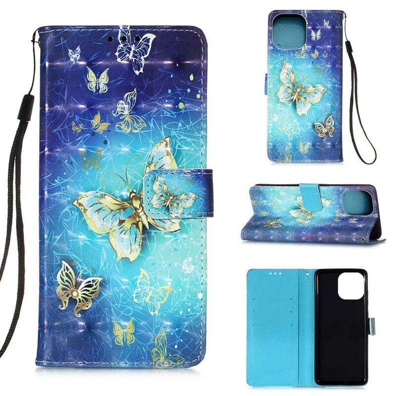 Housse iPhone 13 Mini Papillons Dorés Lanière