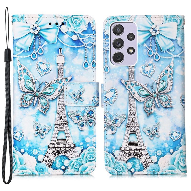 Housse Samsung Galaxy A33 5G Tour Eiffel Papillons à Lanière