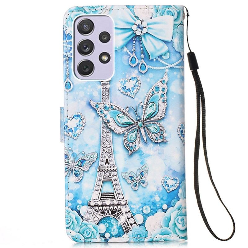 Housse Samsung Galaxy A33 5G Tour Eiffel Papillons à Lanière