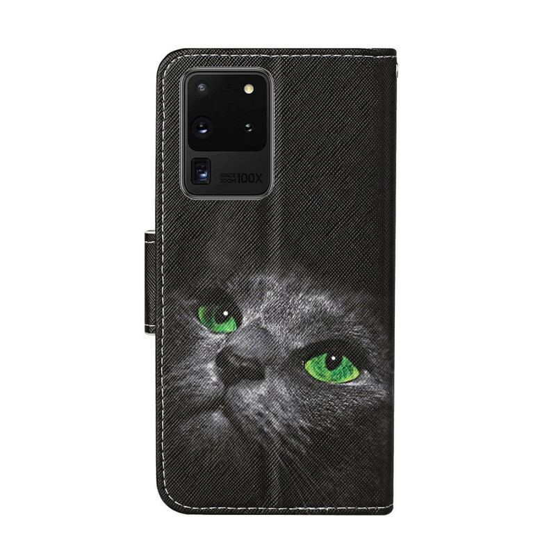 Housse Samsung Galaxy S20 Ultra Chat aux Yeux Verts avec Lanière