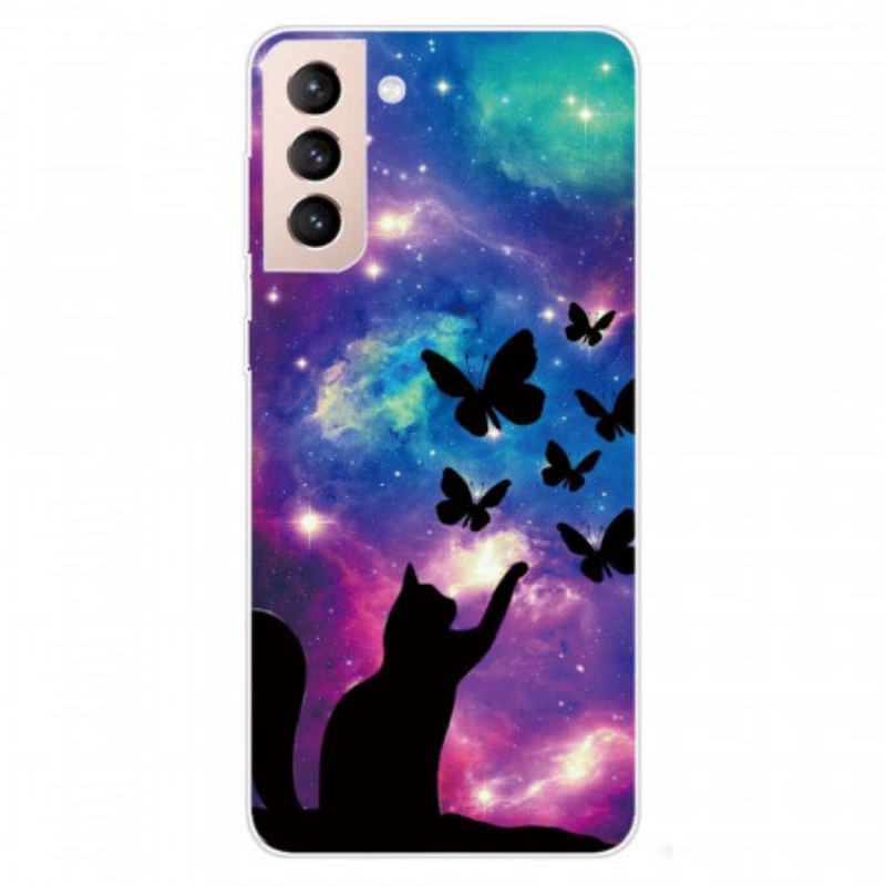 Coque Samsung Galaxy S22 5G Chat et Papillons Dans l'Espace