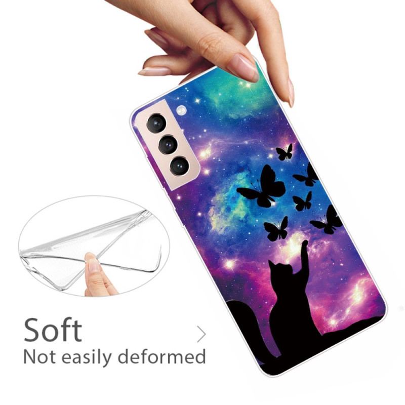 Coque Samsung Galaxy S22 5G Chat et Papillons Dans l'Espace