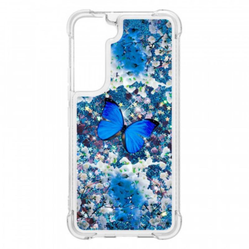 Coque Samsung Galaxy S22 5G Papillons Bleus Paillettes