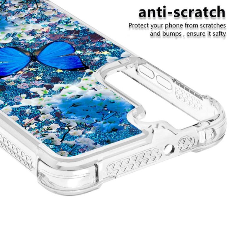 Coque Samsung Galaxy S22 5G Papillons Bleus Paillettes