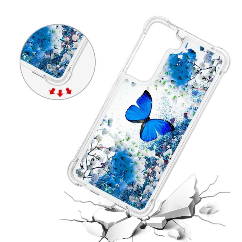 Coque Samsung Galaxy S22 5G Papillons Bleus Paillettes